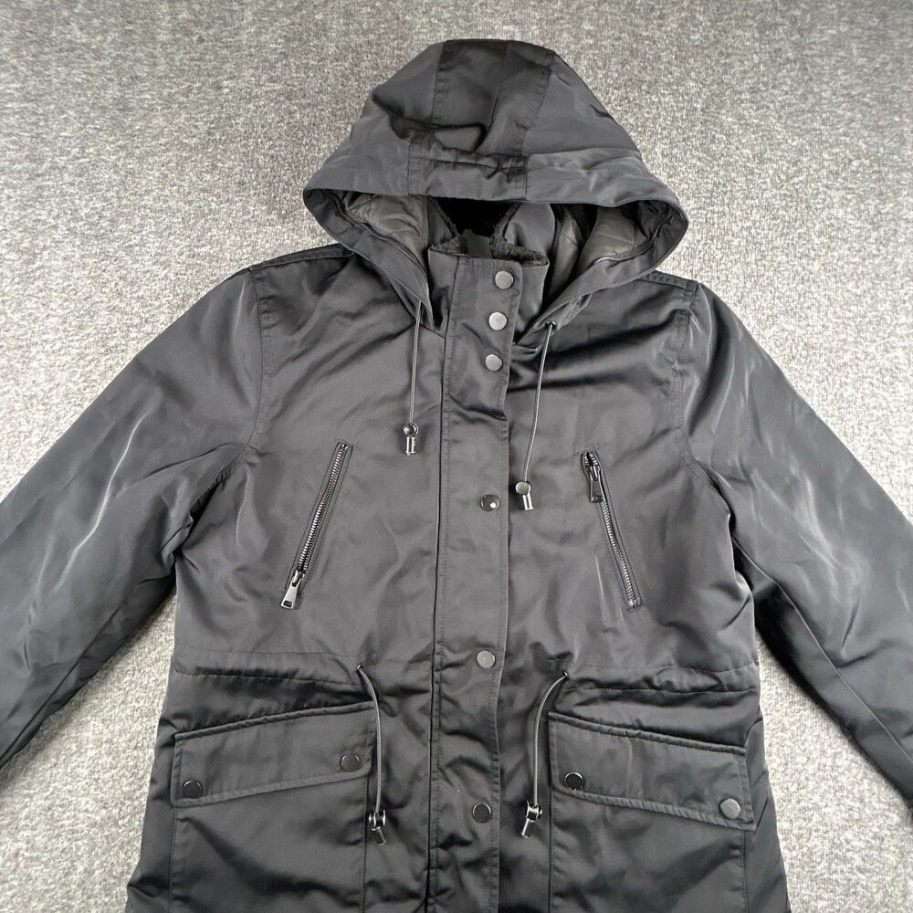 ZARA WOMAN Faux Fur Lined Parka Women’s Sz Medium Black Hooded Full Zip Pockets